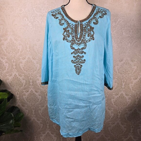 Chico's Size 2 (US Medium) Light Blue Tunic Gold Beaded 100% Linen 3/4 Sleeves - Picture 1 of 13